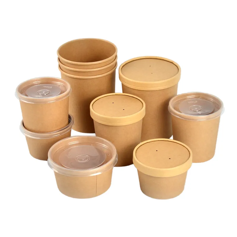 Disposable Portable Microwavable Kraft Paper Soup Bowl with Lid