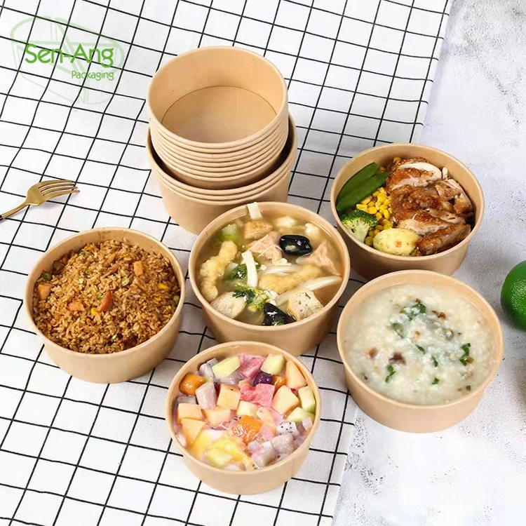 Disposable Kraft Waterproof Takeaway White Paper Bowl with Lid