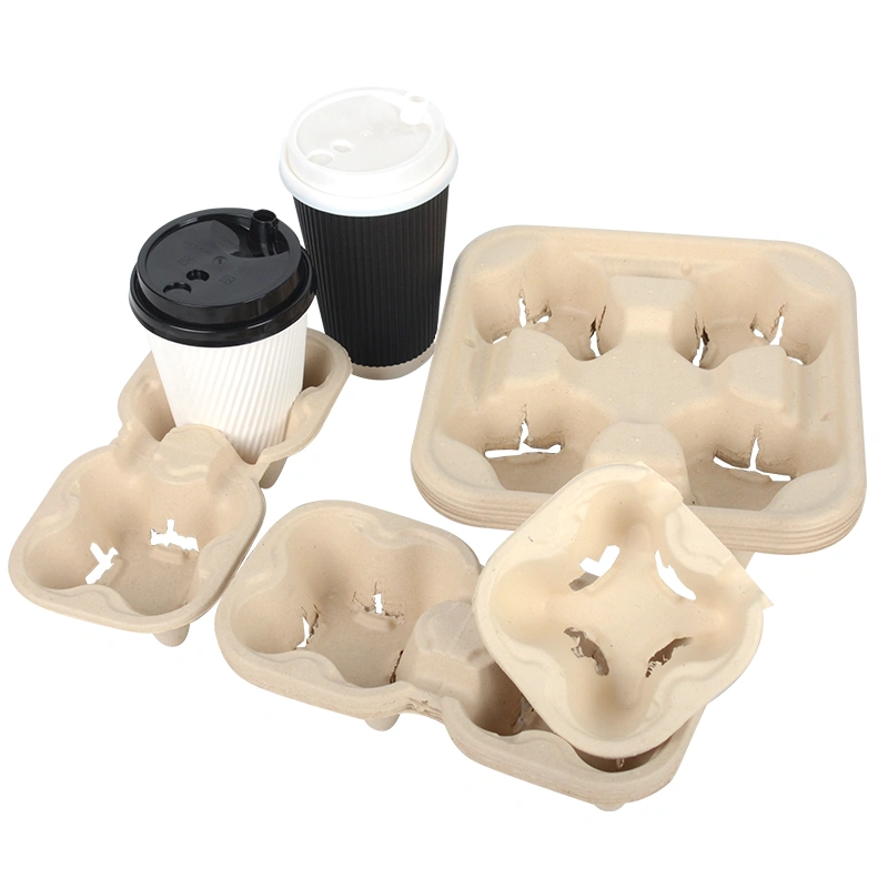 Eco-Friendly Tearable Cup Carrier Biodegradable Recycled Sugarcane Drink Tray