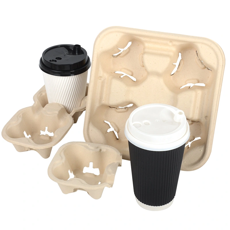 Eco-Friendly Tearable Cup Carrier Biodegradable Recycled Sugarcane Drink Tray - Image 4