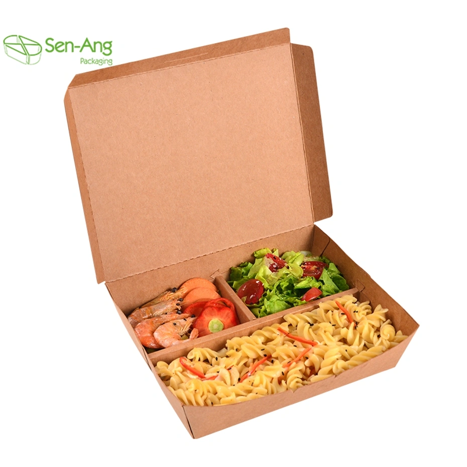 In Stock Recyclable Takeway Disposable Kraft Paper Bento Box with Compartments