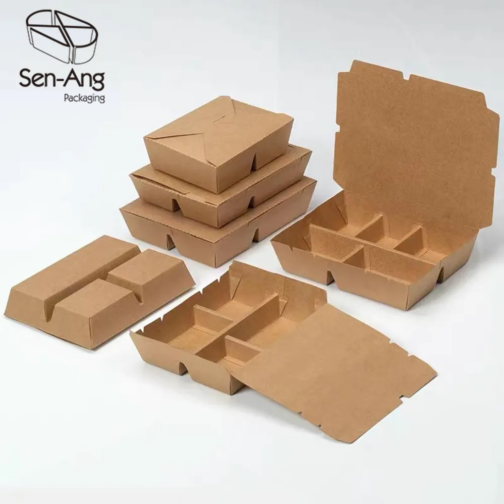 Wholesale Compartment Paper Container Lunch with Lid Takeway Kraft Paper Box