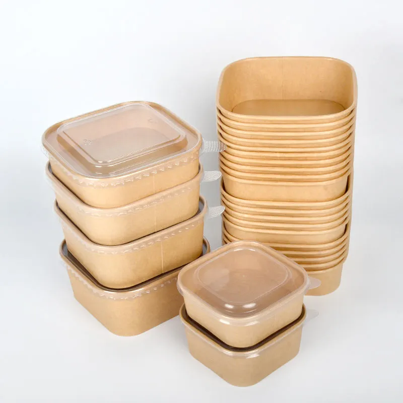 Disposable 1400ml Kraft Takeout Rectangular Paper Salad Bowl